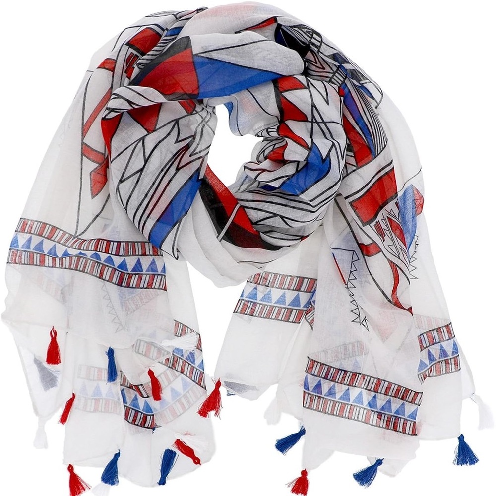 Féria Mode Red White and Blue Lightweight Tassel Shawl Scarf Wrap Sarong